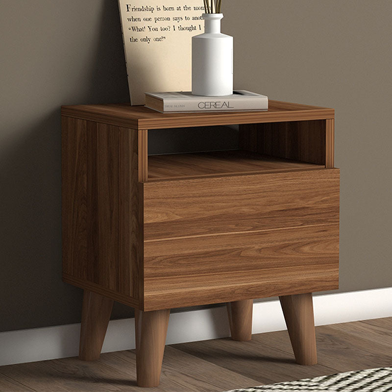 Set of two SILVIA nightstands in walnut finish, featuring a cupboard and shelf, ideal for bedroom decor.