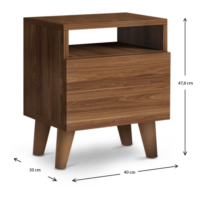 Set of two SILVIA nightstands in walnut finish, featuring a cupboard and shelf, ideal for bedroom decor.