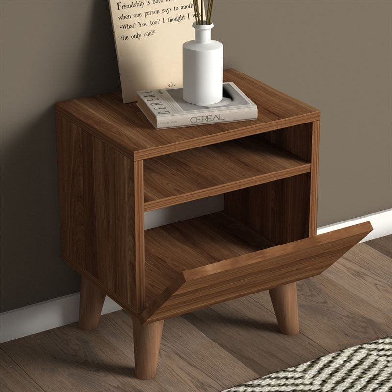 SILVIA Walnut Nightstand with cupboard and shelf, featuring a stylish walnut finish and plastic feet resembling wood.