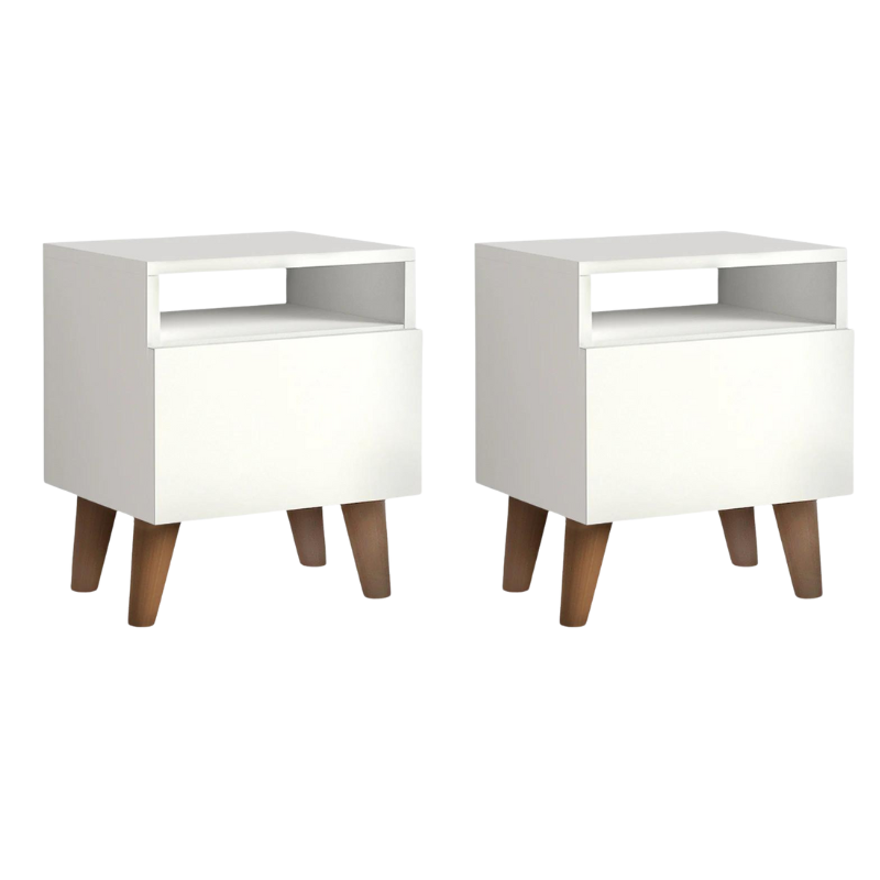 Set of two SILVIA white nightstands with cupboard and shelf, featuring a modern design and compact dimensions.