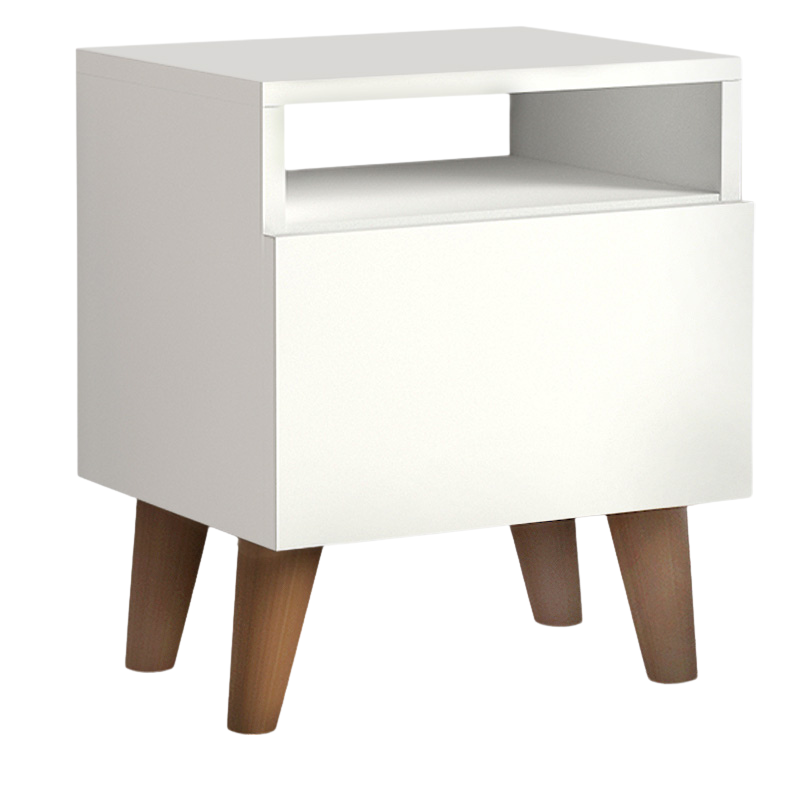 Set of two SILVIA white nightstands with cupboard and shelf, featuring a modern design and compact dimensions.