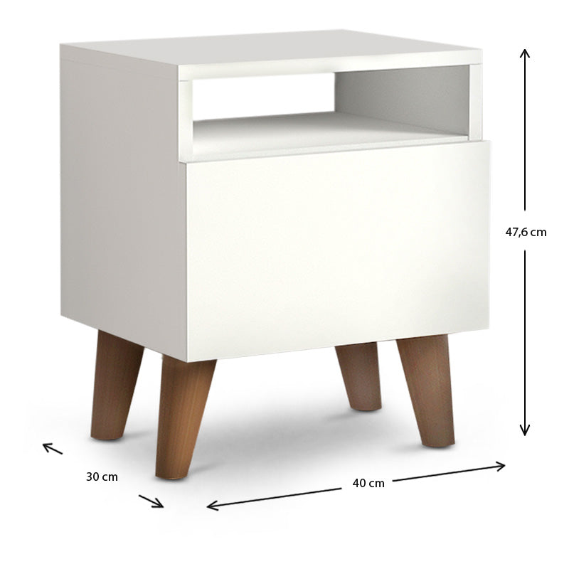 Set of two SILVIA white nightstands with cupboard and shelf, featuring a modern design and compact dimensions.