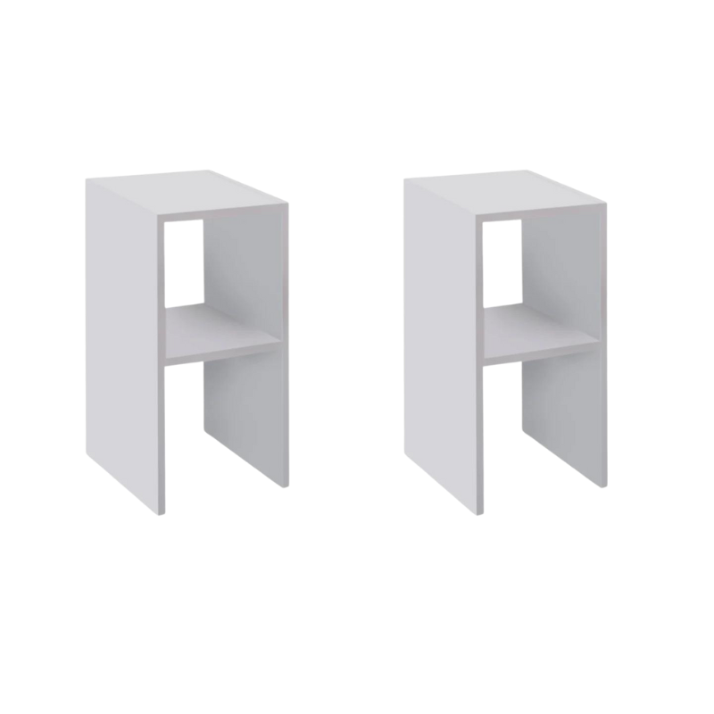 A set of two SIMPLE white nightstands, featuring a sleek design and compact dimensions, perfect for bedside or coffee table use.