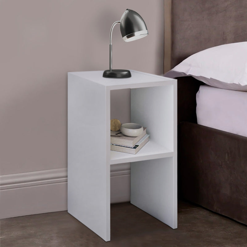 A set of two SIMPLE white nightstands, featuring a sleek design and compact dimensions, perfect for bedside or coffee table use.