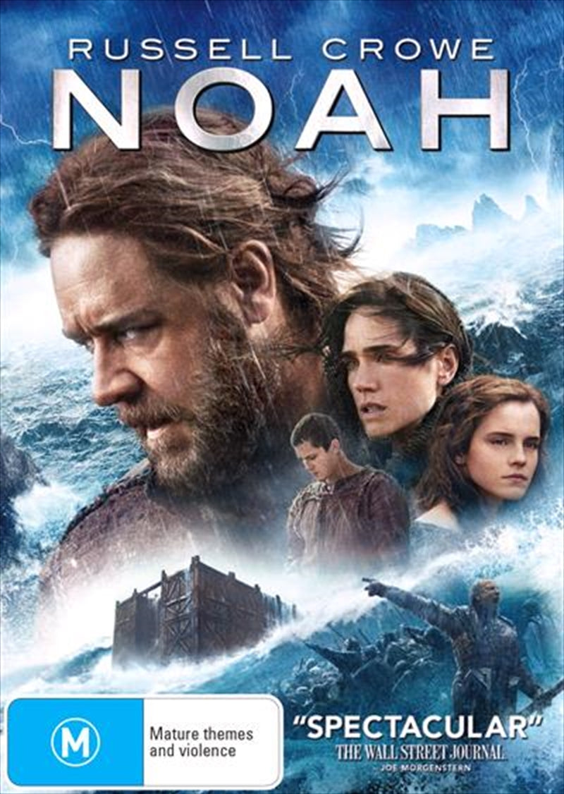 DVD cover of Noah featuring Russell Crowe, Jennifer Connelly, and Emma Watson, showcasing the ark and dramatic visuals.