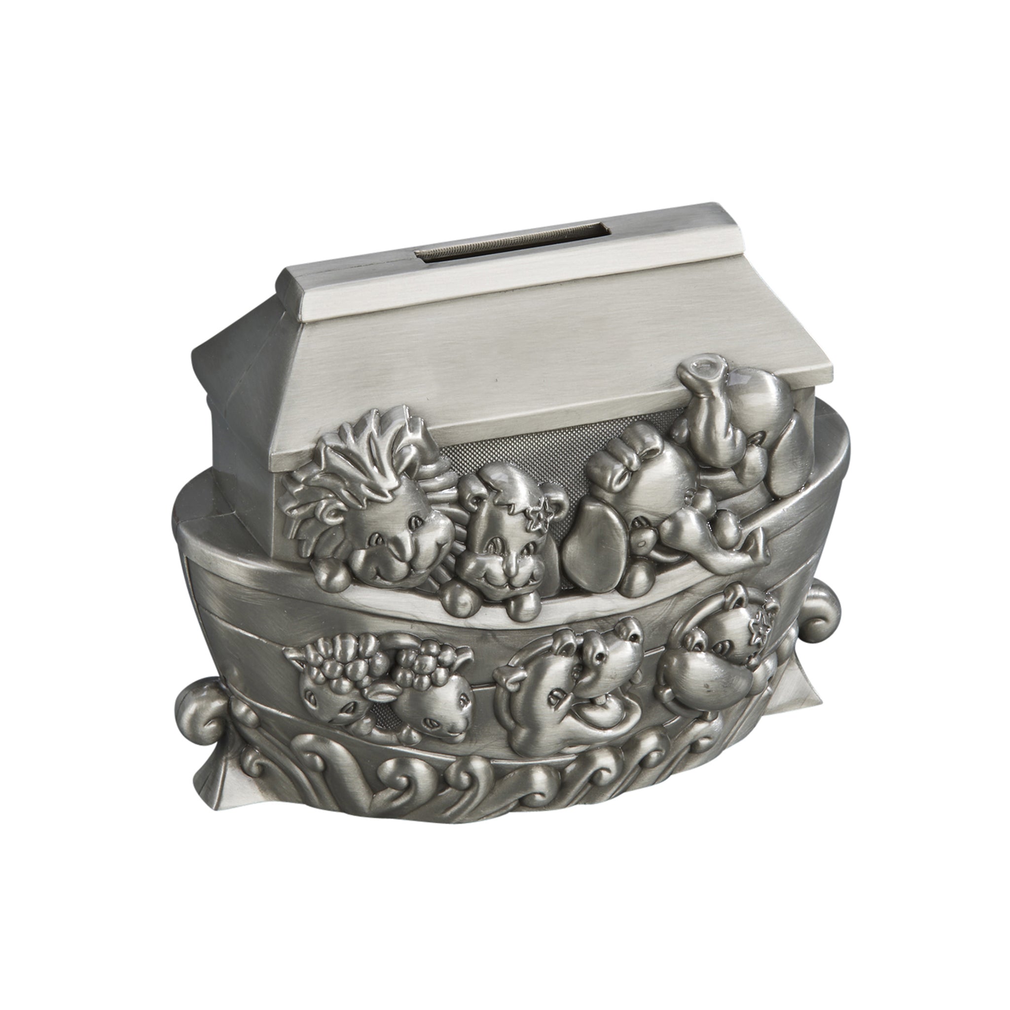 Noah's Ark Bank featuring detailed animal pairs and a brushed pewter finish, with a coin slot on the roof.