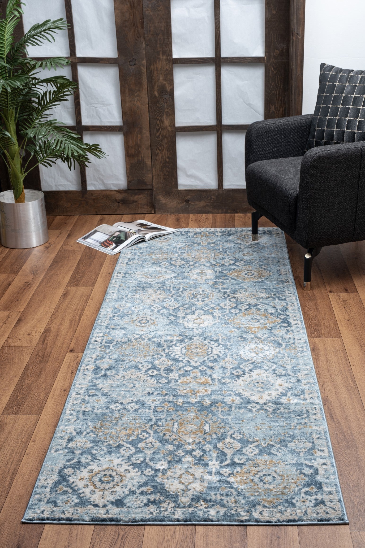 Noble Blue Area Rug measuring 2 ft. 7 in. x 7 ft. 3 in., featuring a rich navy color and soft polyester material, perfect for home decor.