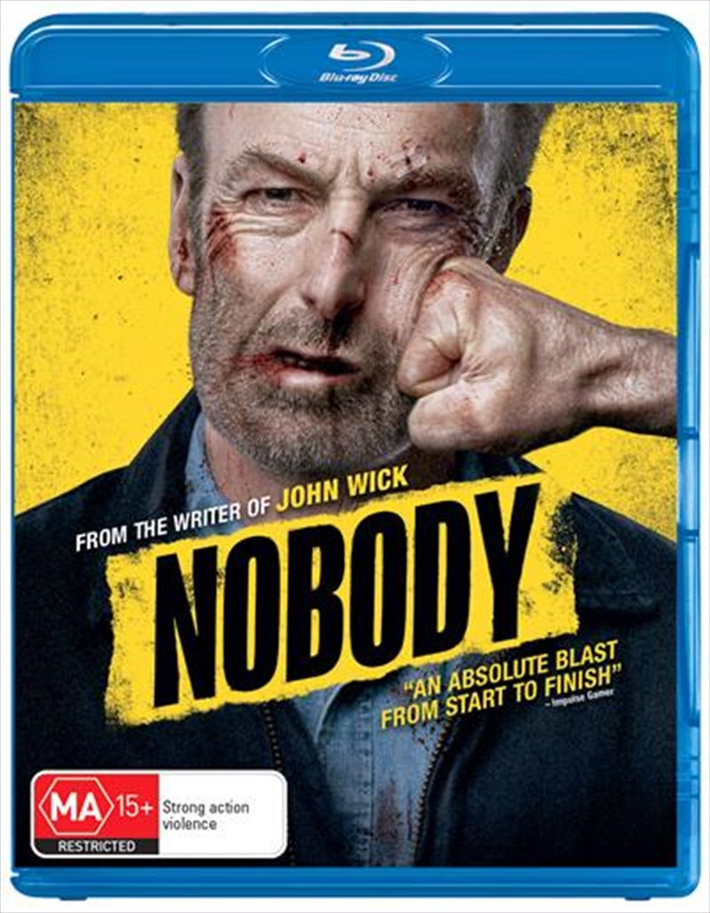 Nobody Blu-ray cover featuring Bob Odenkirk as Hutch Mansell, showcasing intense action and drama.