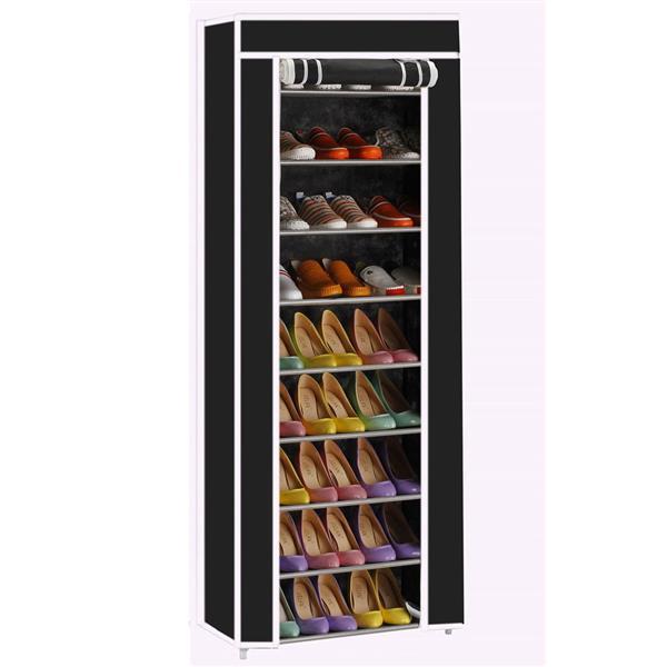 A modern black non-woven fabric shoe rack with 10 layers and 9 lattices, designed for efficient shoe storage in a minimalist style.