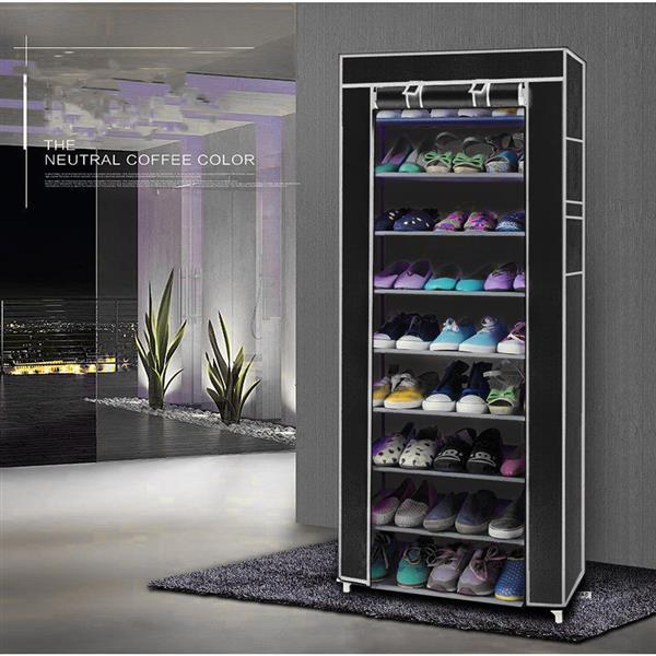 A modern black non-woven fabric shoe rack with 10 layers and 9 lattices, designed for efficient shoe storage in a minimalist style.