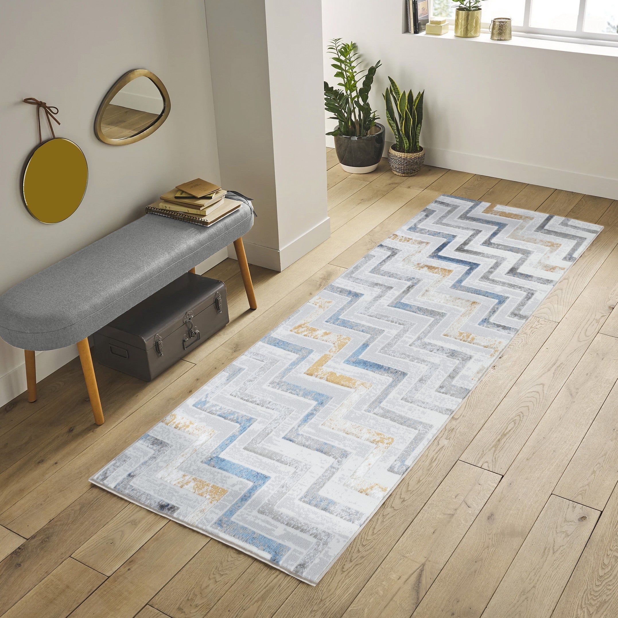 Nova Multi Area Rug measuring 2 ft. 7 in. x 7 ft., featuring modern geometric patterns in white, made of durable polyester.