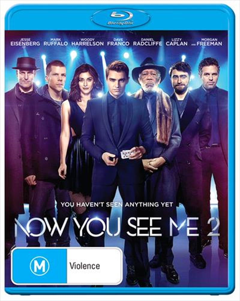 Now You See Me 2 Blu-ray cover featuring the Four Horsemen in action, showcasing magic and excitement.