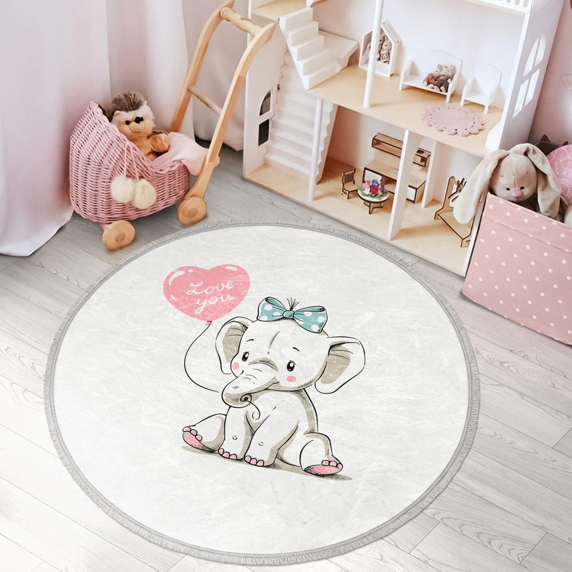 Nursery Elephant Patterned Round Rug featuring cute elephant design, soft velvet fabric, and fringes, perfect for kids' rooms.