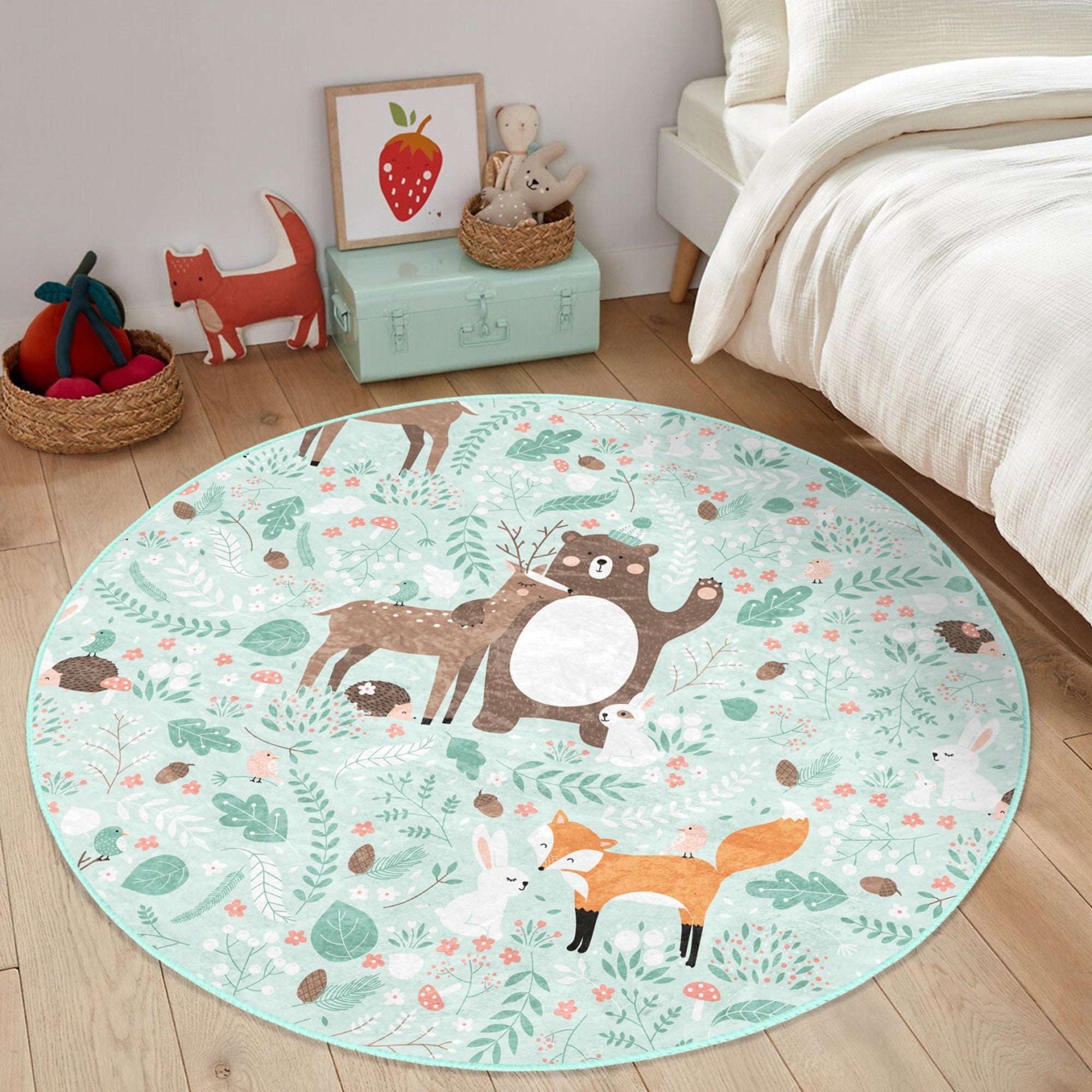 A colorful round rug featuring a decorative animal pattern, perfect for nursery rooms, showcasing vibrant colors and a soft texture.