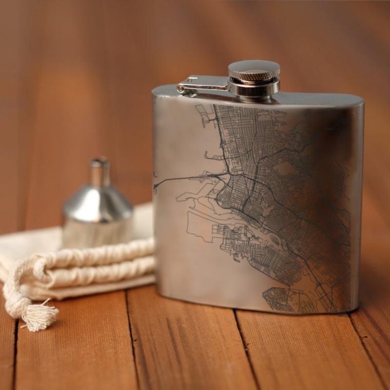 Custom engraved Oakland, California map hip flask with canvas bag and funnel.