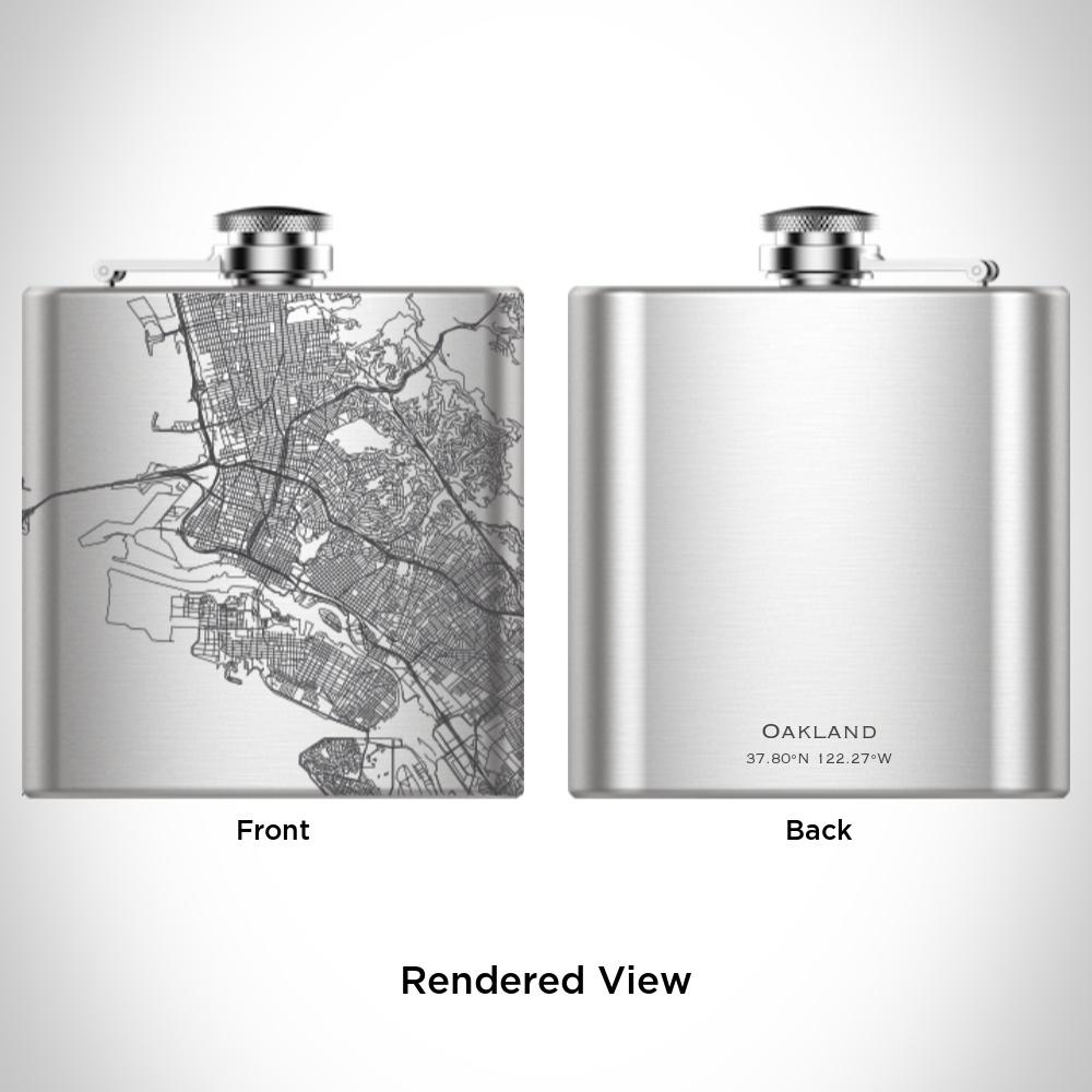 Custom engraved Oakland, California map hip flask with canvas bag and funnel.