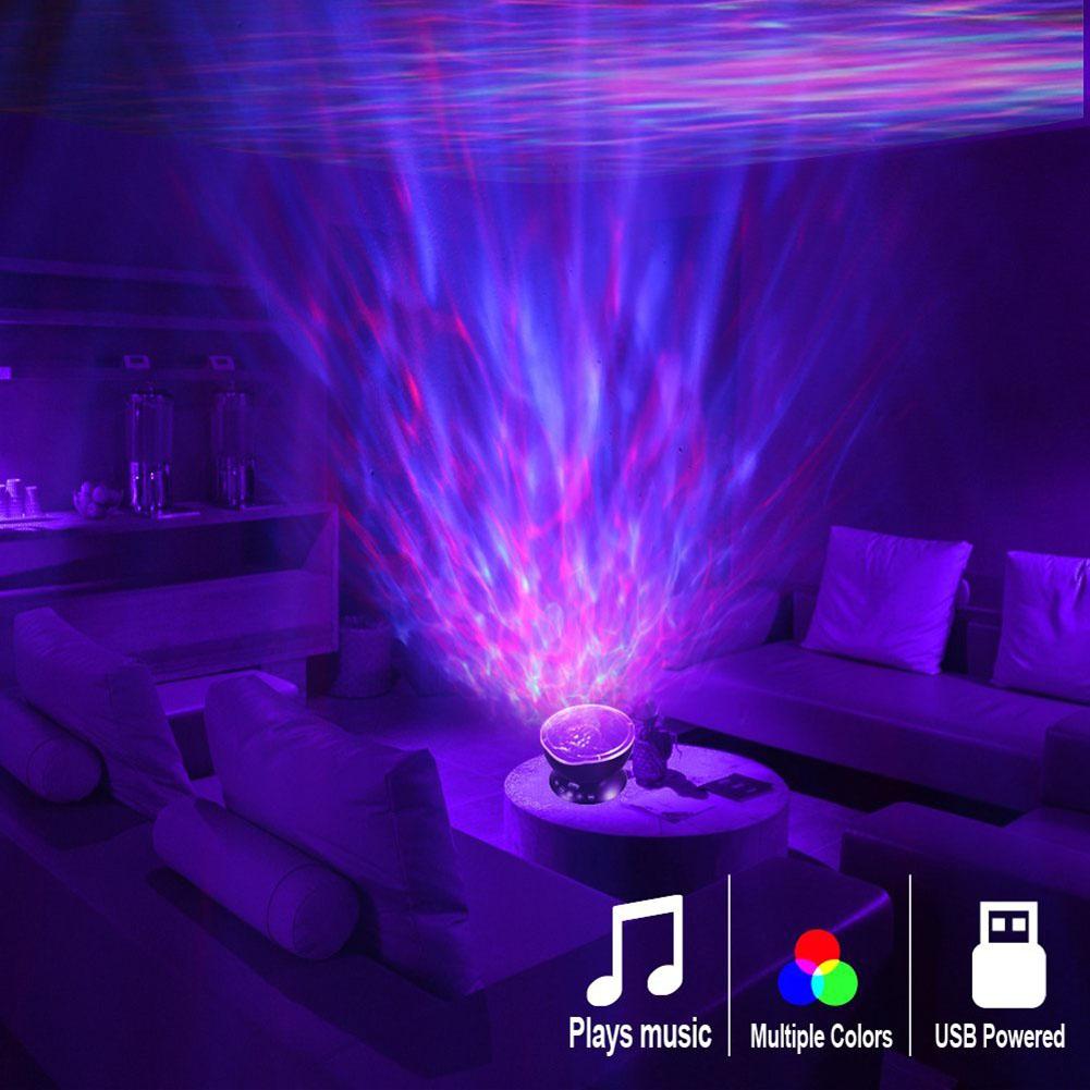 Ocean Wave Projector LED Night Light with remote control, showcasing colorful wave projections and a sleek round design.