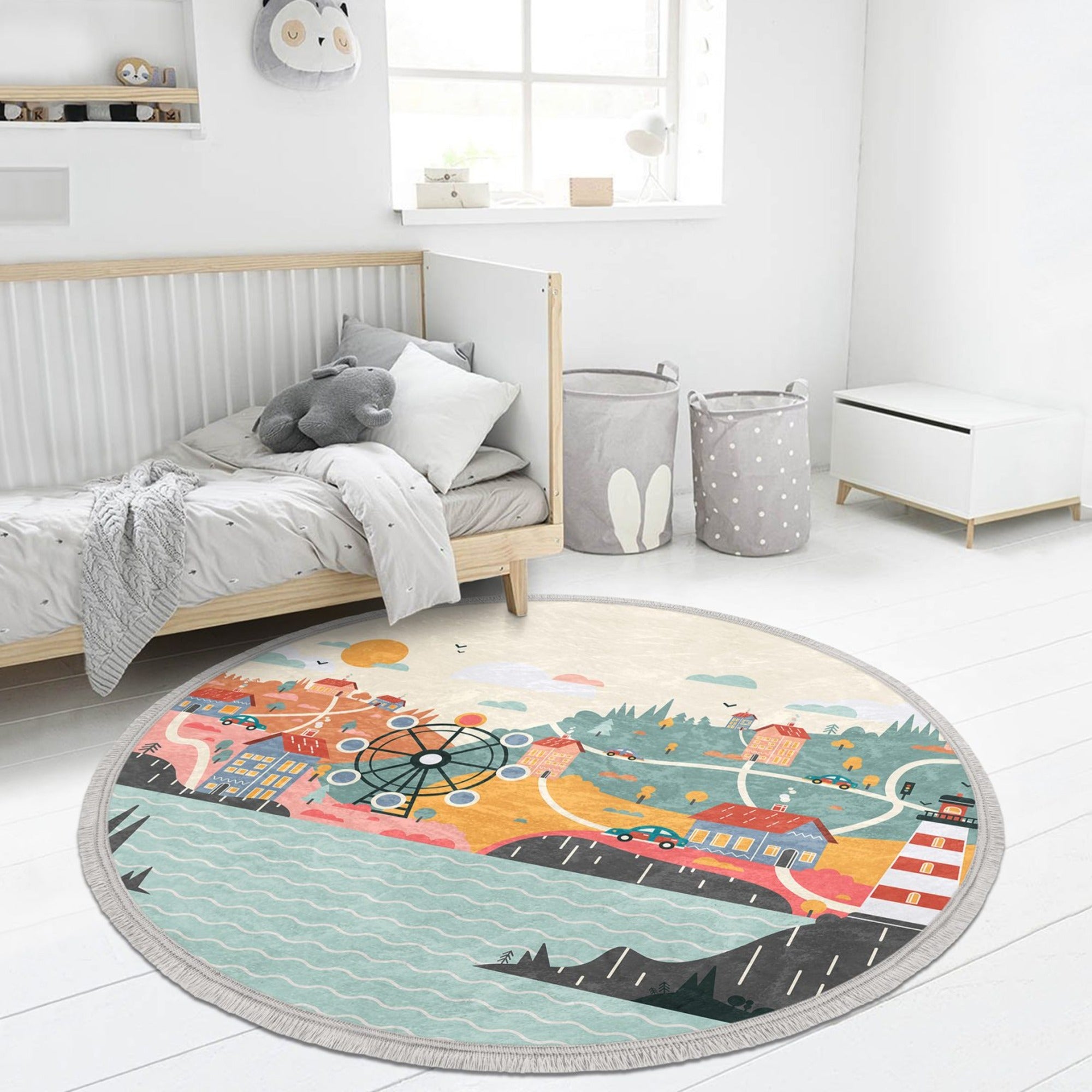 Oceanside Nursery Room Round Rug featuring a vibrant oceanside print, perfect for kids' rooms and nurseries.