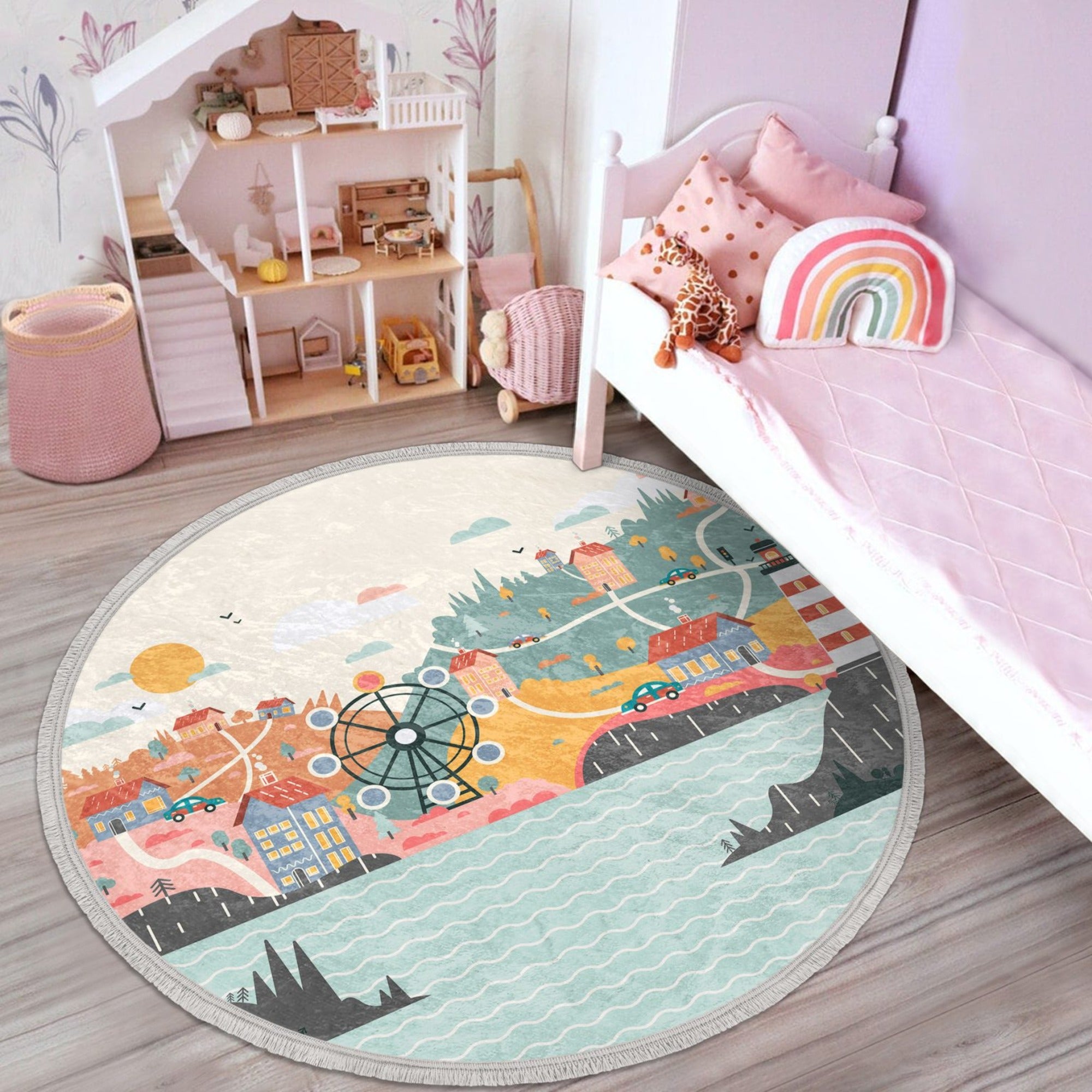 Oceanside Nursery Room Round Rug featuring a vibrant oceanside print, perfect for kids' rooms and nurseries.