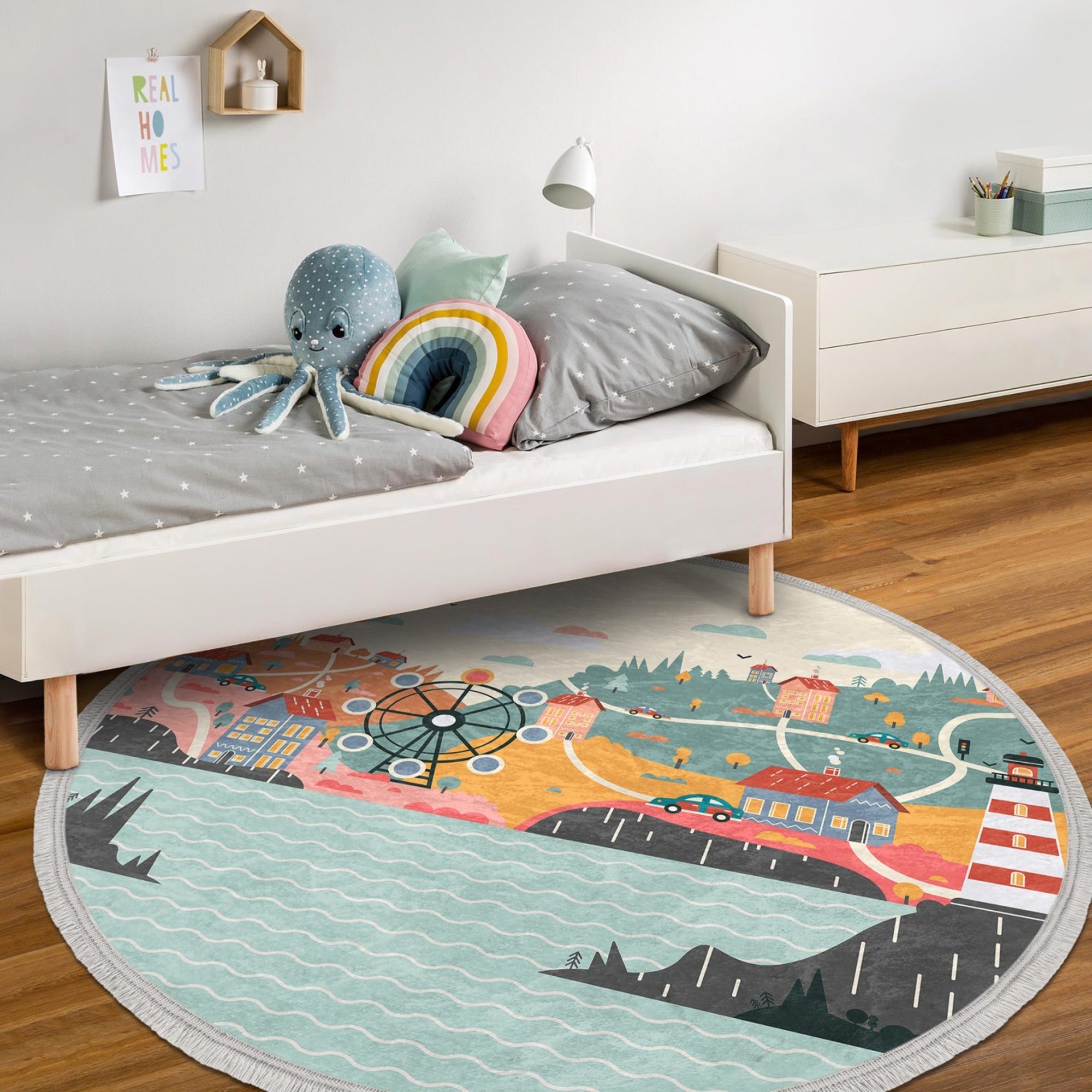 Oceanside Nursery Room Round Rug featuring a vibrant oceanside print, perfect for kids' rooms and nurseries.