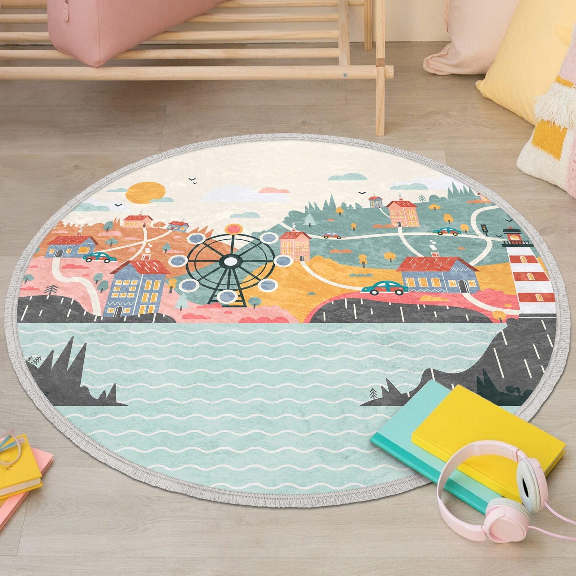 Oceanside Nursery Room Round Rug featuring a vibrant oceanside print, perfect for kids' rooms and nurseries.