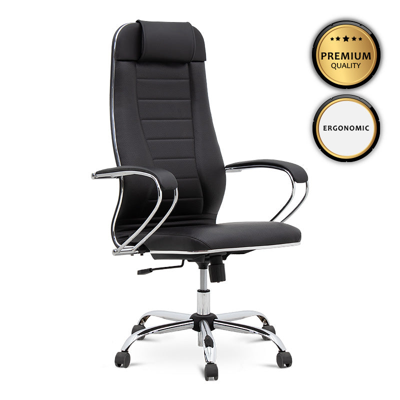 BOSS Black Office Chair featuring ergonomic design, chrome base, and techno-leather upholstery.