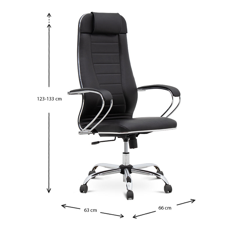 BOSS Black Office Chair featuring ergonomic design, chrome base, and techno-leather upholstery.