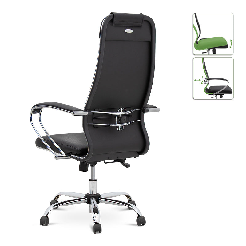 BOSS Black Office Chair featuring ergonomic design, chrome base, and techno-leather upholstery.