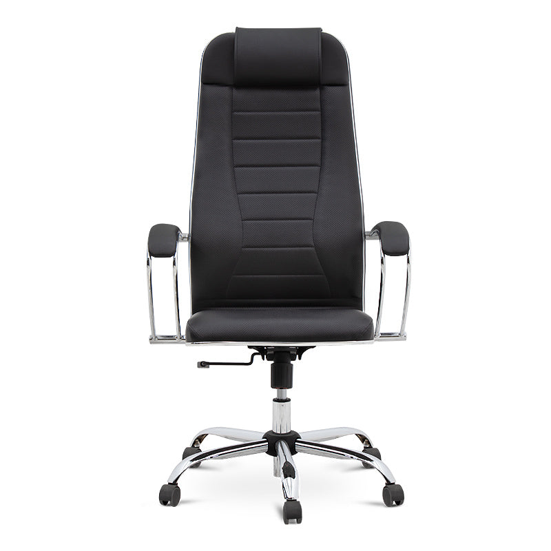 BOSS Black Office Chair featuring ergonomic design, chrome base, and techno-leather upholstery.