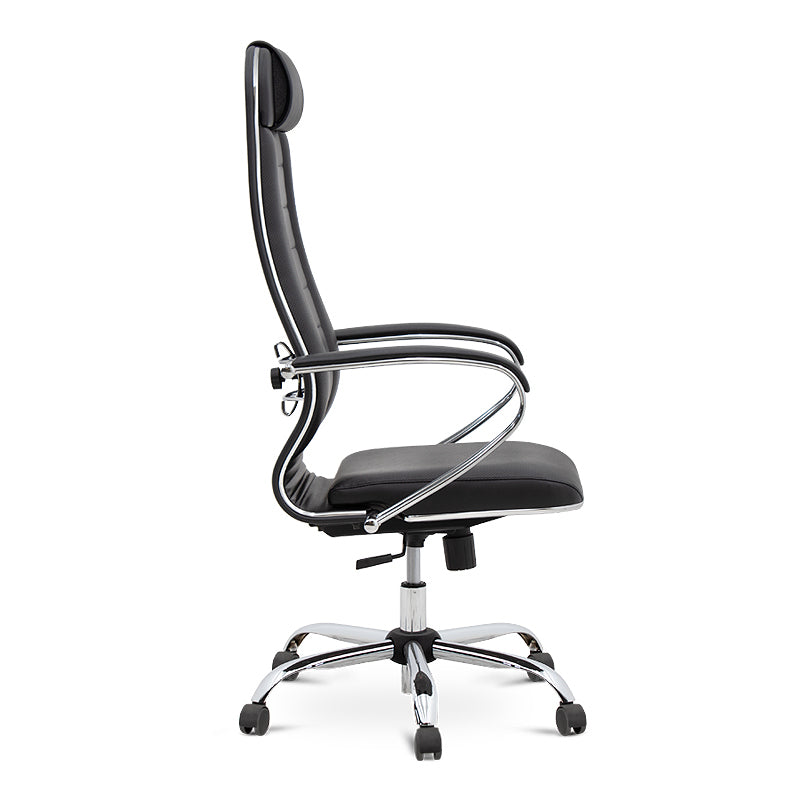 BOSS Black Office Chair featuring ergonomic design, chrome base, and techno-leather upholstery.