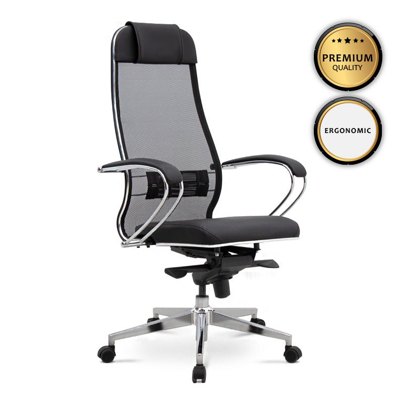 Office Chair CHEF Black with ergonomic design, mesh fabric, and chrome base, ideal for home and professional use.