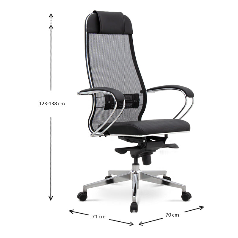 Office Chair CHEF Black with ergonomic design, mesh fabric, and chrome base, ideal for home and professional use.