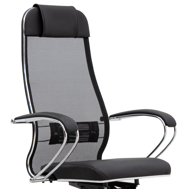 Office Chair CHEF Black with ergonomic design, mesh fabric, and chrome base, ideal for home and professional use.