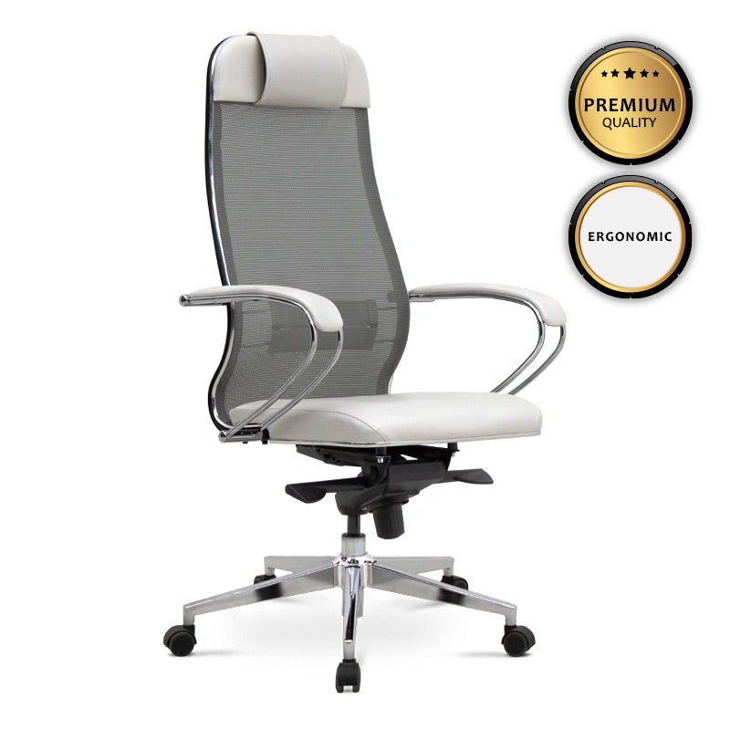 Ergonomic Office Chair CHEF in white with chrome base and mesh fabric, designed for comfort and style.