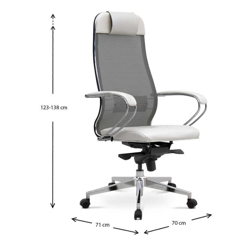 Ergonomic Office Chair CHEF in white with chrome base and mesh fabric, designed for comfort and style.