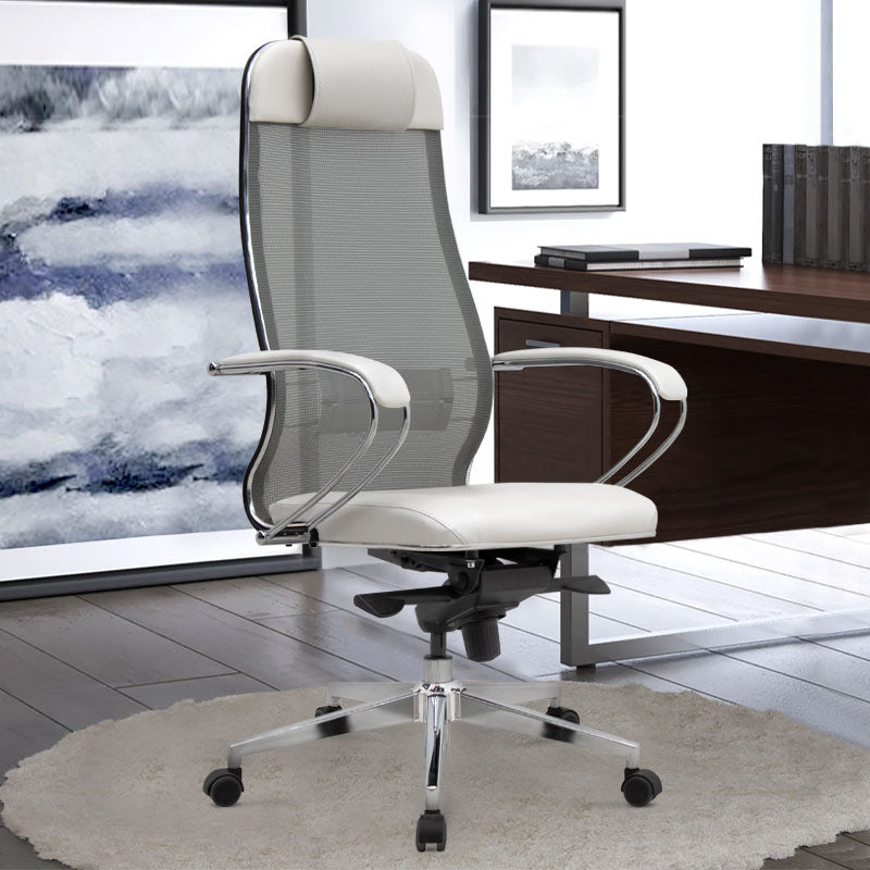 Ergonomic Office Chair CHEF in white with chrome base and mesh fabric, designed for comfort and style.