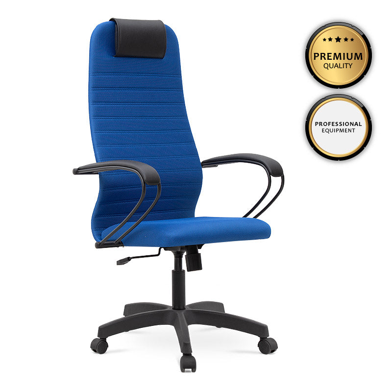 Office Chair MASTER in blue with ergonomic design, leather headrest, and double Mesh fabric, ideal for home or office use.