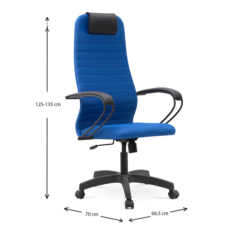 Office Chair MASTER in blue with ergonomic design, leather headrest, and double Mesh fabric, ideal for home or office use.