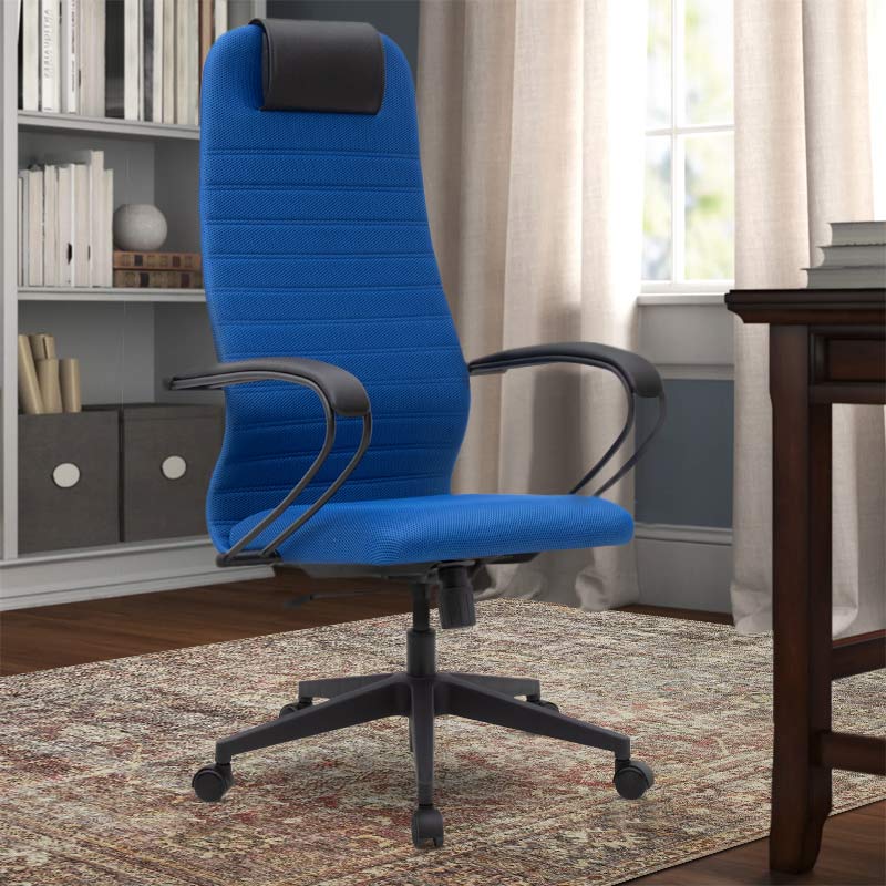 Office Chair MASTER in blue with ergonomic design, leather headrest, and double Mesh fabric, ideal for home or office use.