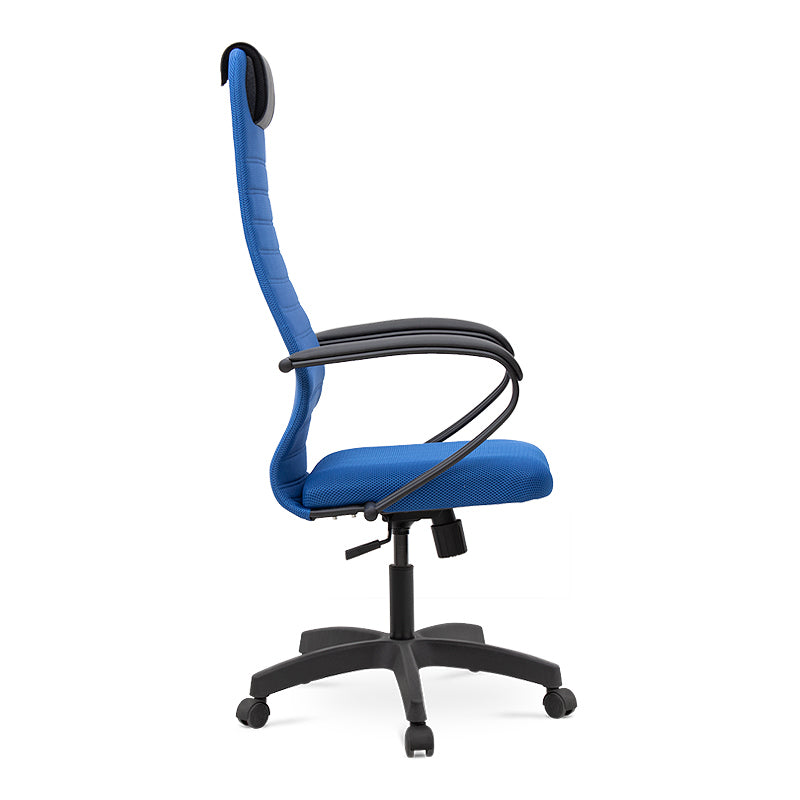 Office Chair MASTER in blue with ergonomic design, leather headrest, and double Mesh fabric, ideal for home or office use.