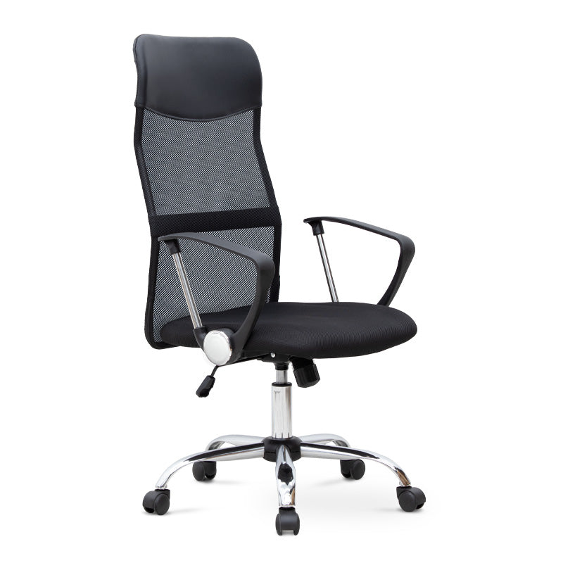 Office Chair MICHA in black with ergonomic design, featuring a mesh fabric seat and chrome metal frame.