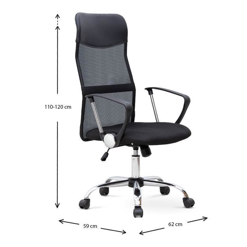 Office Chair MICHA in black with ergonomic design, featuring a mesh fabric seat and chrome metal frame.