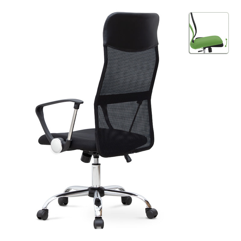 Office Chair MICHA in black with ergonomic design, featuring a mesh fabric seat and chrome metal frame.