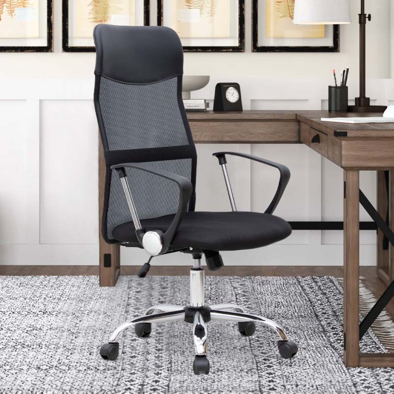 Office Chair MICHA in black with ergonomic design, featuring a mesh fabric seat and chrome metal frame.