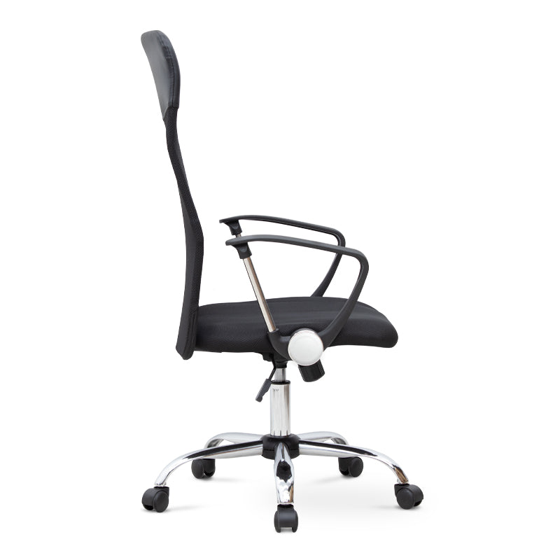 Office Chair MICHA in black with ergonomic design, featuring a mesh fabric seat and chrome metal frame.