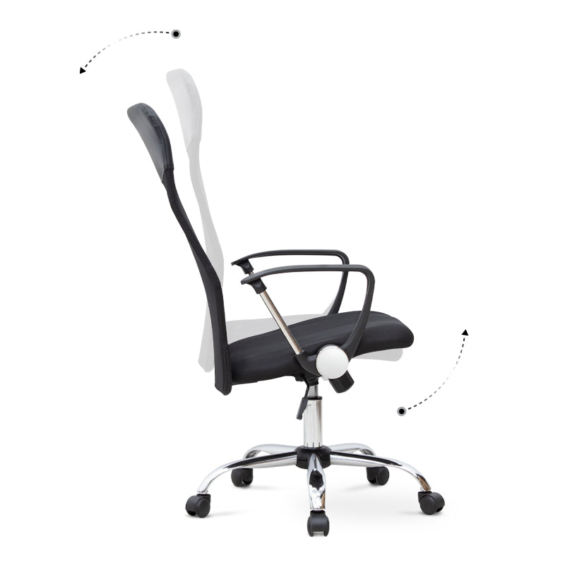 Office Chair MICHA in black with ergonomic design, featuring a mesh fabric seat and chrome metal frame.