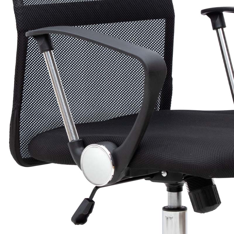 Office Chair MICHA in black with ergonomic design, featuring a mesh fabric seat and chrome metal frame.