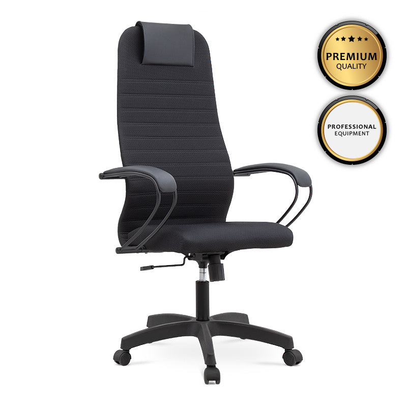 MIRA Office Chair in black with ergonomic design, leather headrest, and durable Mesh fabric, suitable for home and office use.