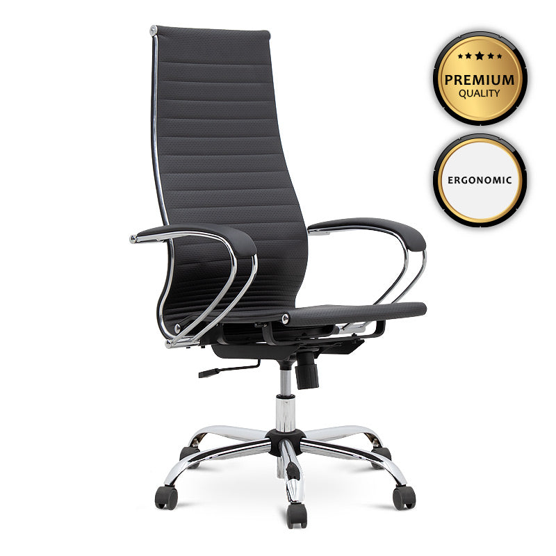 Ergonomic Office Chair PETER in black with high leather back and comfortable seat, designed for home and professional use.