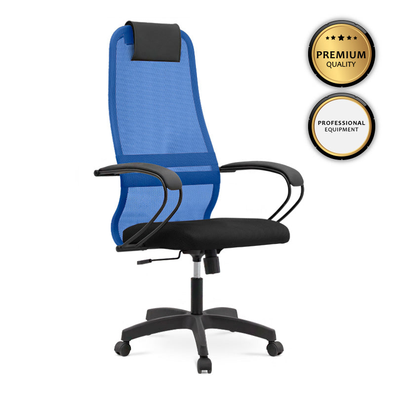 Office Chair SEMPRE in blue and black mesh fabric with ergonomic design and leather headrest, suitable for home and professional use.